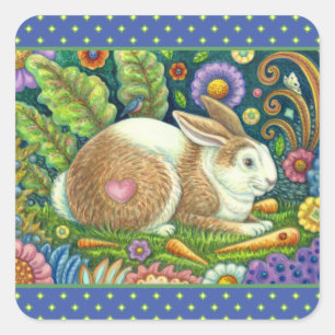 STICKER CARRÉ ART FOLK RABBIT & BLUEBIRD DANS LE JARDIN SECRET