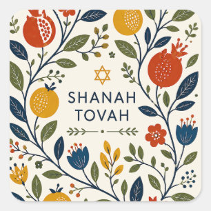 Sticker Carré Art folklorique moderne Shana Tovah botanique