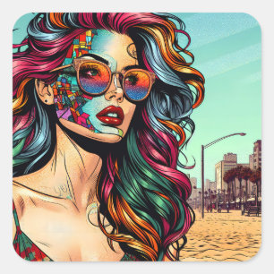 Sticker Carré Art fracturé Femme Abstraite à la plage