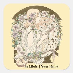 Sticker Carré Art Nouveau Ex Libris Girl With Book & Stars