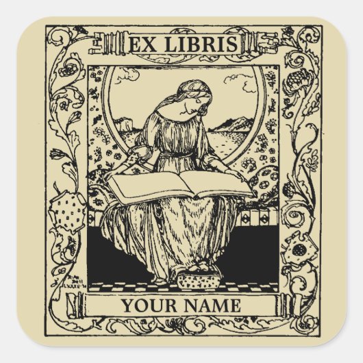 Sticker Carré Art Nouveau Femme Lecture Livre Ex Libris (Devant)