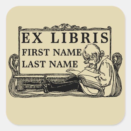 Sticker Carré Art Nouveau Girl Reading Book Ex Libris Modèle (Devant)