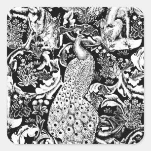 Sticker Carré Art Nouveau Peacock Print, noir et blanc