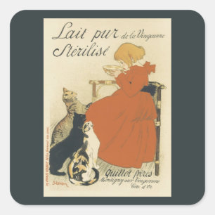 Sticker Carré Art Nouveau victorien vintage, Fille avec chats au