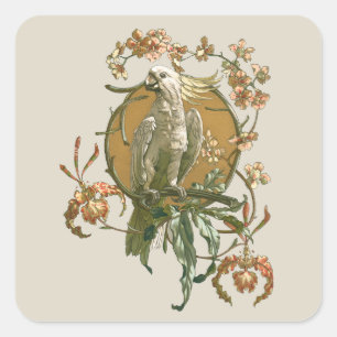 Sticker Carré Art Nouveau vintage, oiseau cacatoès, fleurs d'orc
