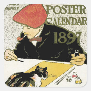 Sticker Carré Art Nouveau vintage, Peinture Artiste avec chat an