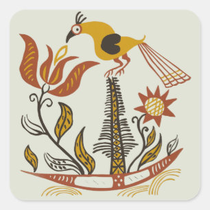 Sticker Carré Art populaire américain vintage Tulipe Oiseau coul