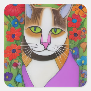 Sticker Carré Art populaire Chat drôle avec des fleurs colorées