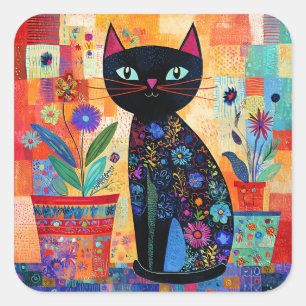 Sticker Carré Art populaire de chat noir
