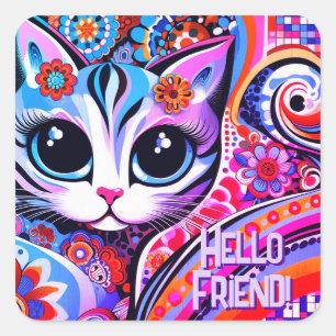 Sticker Carré Art populaire mexicain Kitty Cat Abstrait Annivers