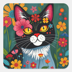 Sticker Carré Art populaire noir et blanc Chat et fleurs Whimsic