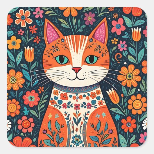 Sticker Carré Art populaire Whimsical Chat et Fleurs (Devant)