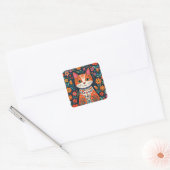 Sticker Carré Art populaire Whimsical Chat et Fleurs (Enveloppe)