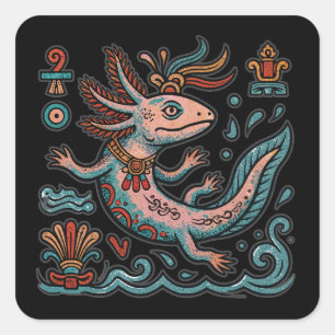 Sticker Carré Art tribal bohème aztèque axolotl Xolotl pierre ér
