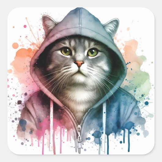 Sticker Carré Artwork d'aquarelle Tabby Chat dans une plaque Swe (Devant)