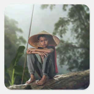 Sticker Carré Asiatique Boy Fishing