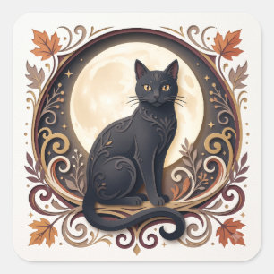Sticker Carré Assiette en papier Halloween Chat Noir Vintage