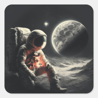 Sticker Carré Astronaute en paysage spatial