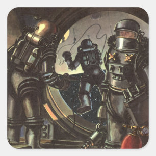 Sticker Carré Astronautes de la science-fiction vintage en sorti