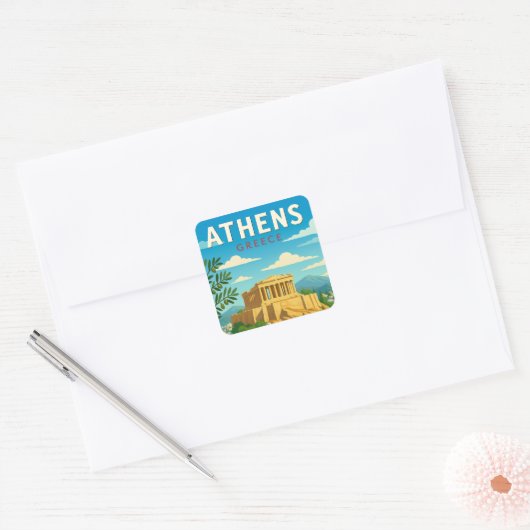 Sticker Carré Athens Greece Vintage Travel | Parthenon Acropolis (Enveloppe)