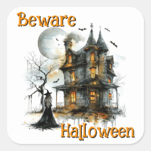 Sticker Carré Attention Halloween - Une Nuit Hantée Avertissemen