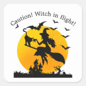 Sticker Carré Attention ! Sorcière en vol (Devant)