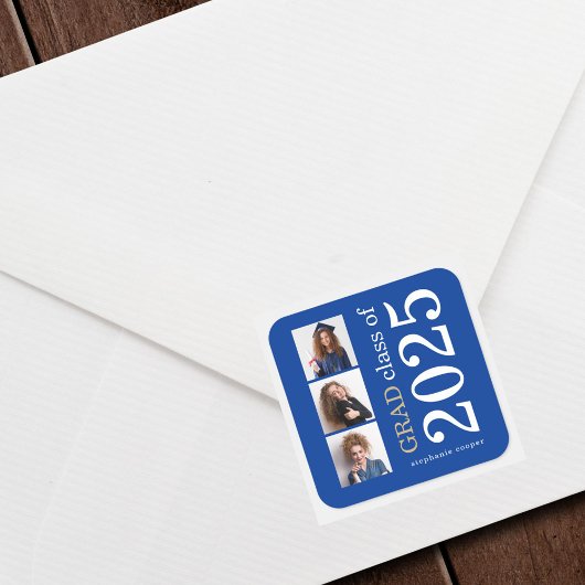 Sticker Carré Audacieuse Typographie 3 photos Bleu 2024 Graduati