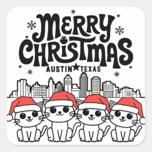 Sticker Carré Austin City Texas Merry Christmas Cats USA