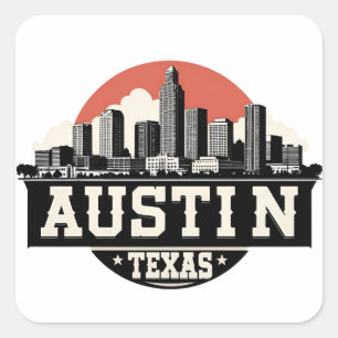Sticker Carré Austin City Texas Skyline Retro Black & White Art