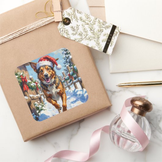 Sticker Carré Australian Cattle Dog Red Heeler Christmas (Cadeaux)