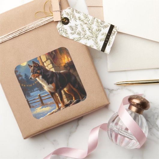 Sticker Carré Australian Kelpie With Christmas Lights Holiday (Cadeaux)