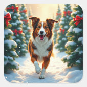 Sticker Carré Australian Shepherd Christmas Tree Farm Painting (Devant)