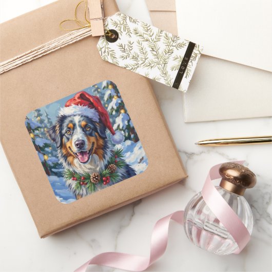 Sticker Carré Australian Shepherd Merle Winter Christmas Art (Cadeaux)