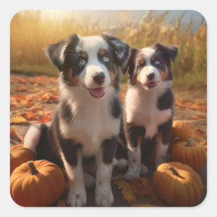 Sticker Carré Australian Shepherd Puppy Citrouille de plaisir d'