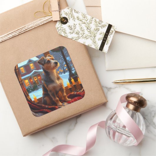 Sticker Carré Australian Terrier With Christmas Lights Holiday (Cadeaux)