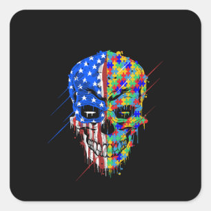 Sticker Carré Autiste Éffrayant Skull American Support Autisme