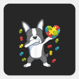 Sticker Carré Autistic Dabbing Boston Terrier Puzzle Piece Heart