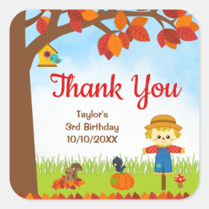 Sticker Carré Automne Automne Boy Scarecrow Anniversaire Merci