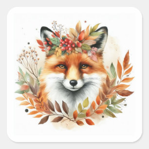 Sticker Carré Automne Automne Sujet mignon Fleur Renard Annivers