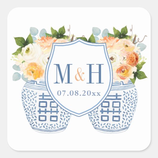 Sticker Carré Automne Chinoiserie Monogramme Mariage Faveur (Devant)