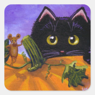 Sticker Carré Automne Halloween Chat noir souris Créationarts