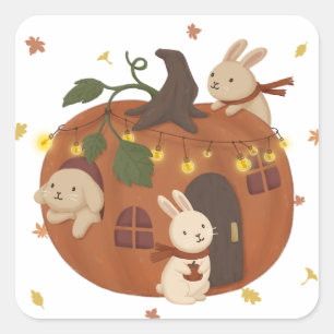 Sticker Carré Automne incroyable : Lapin et Citrouille
