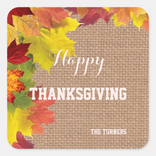 Sticker Carré Automne Russe Burlap Bon thanksgiving Monogramme (Devant)