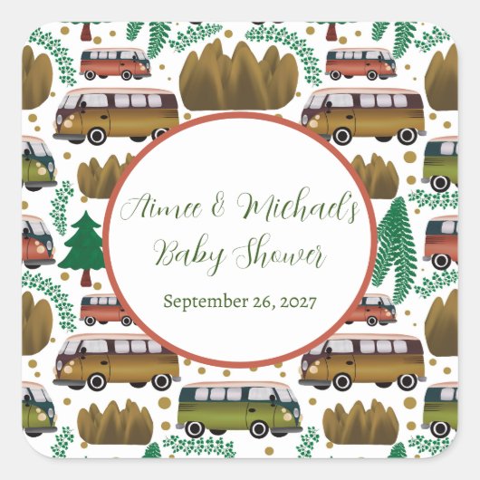 Sticker Carré Aventure Attend : Camper Baby shower neutre (Devant)