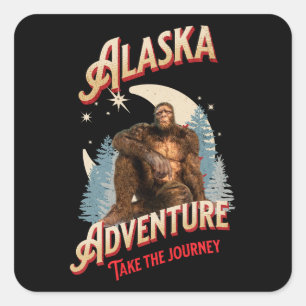 Sticker Carré Aventure Bigfoot en Alaska Art Rétro de la Nature 
