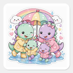 Sticker Carré Aventure de la famille de dinosaures sous la pluie