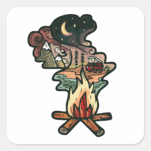 Sticker Carré Aventure de nuit au feu de camp