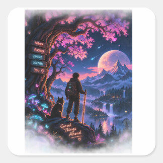Sticker Carré Aventure Fantastique de Promeneur de la Forêt Néon
