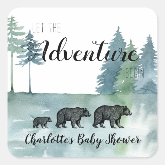 Sticker Carré Aventure Rustique Aquarelle Ours Baby shower Squ (Devant)