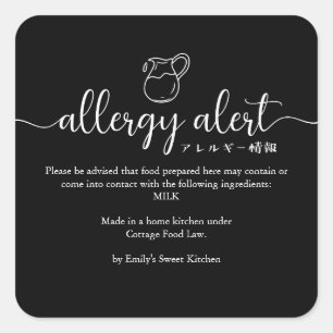 Sticker Carré Avertissement d'alerte d'allergie au lait noir Min